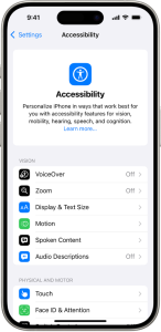 The Assistive Services screen in Settings shows built-in features
