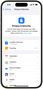 Privacy & Security screen in Settings