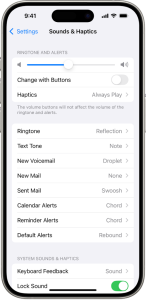 iPhone ‘Sounds & Haptics’ settings with headphone options, volume slider, and ringtone/text tone choices.