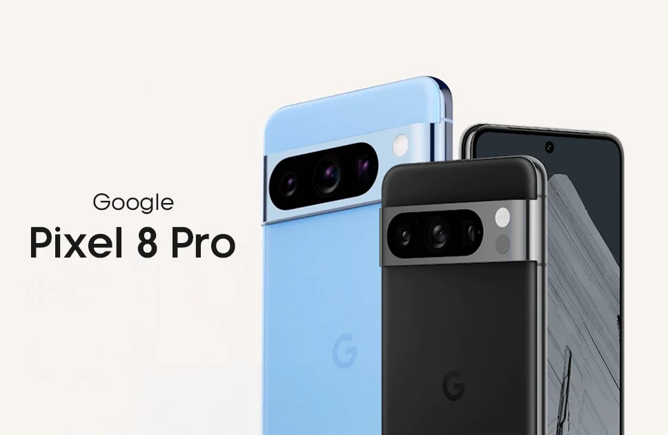 Google Pixel 8 Pro smartphone showing front and back design in blue and black colors