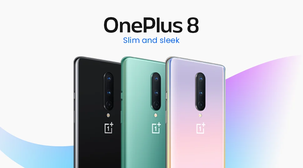OnePlus 8 smartphones in black, green, and gradient finishes.